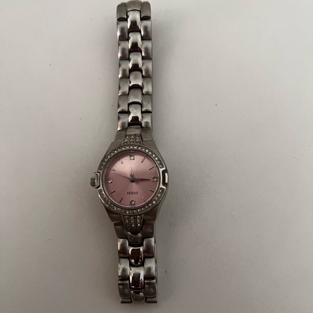 Guess Silver-Tone Bracelet Watch with Pink Dial and Crystal Accents